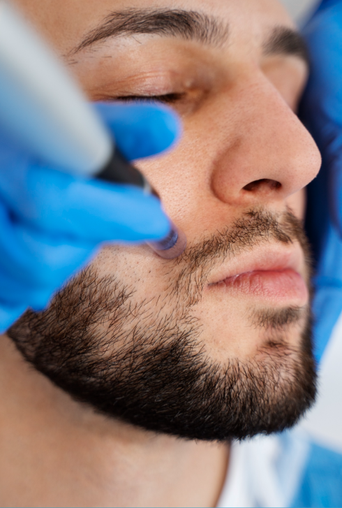 Aplicación de ácido hialurónico en rostro masculino como tratamiento de medicina estética natural y armónica.